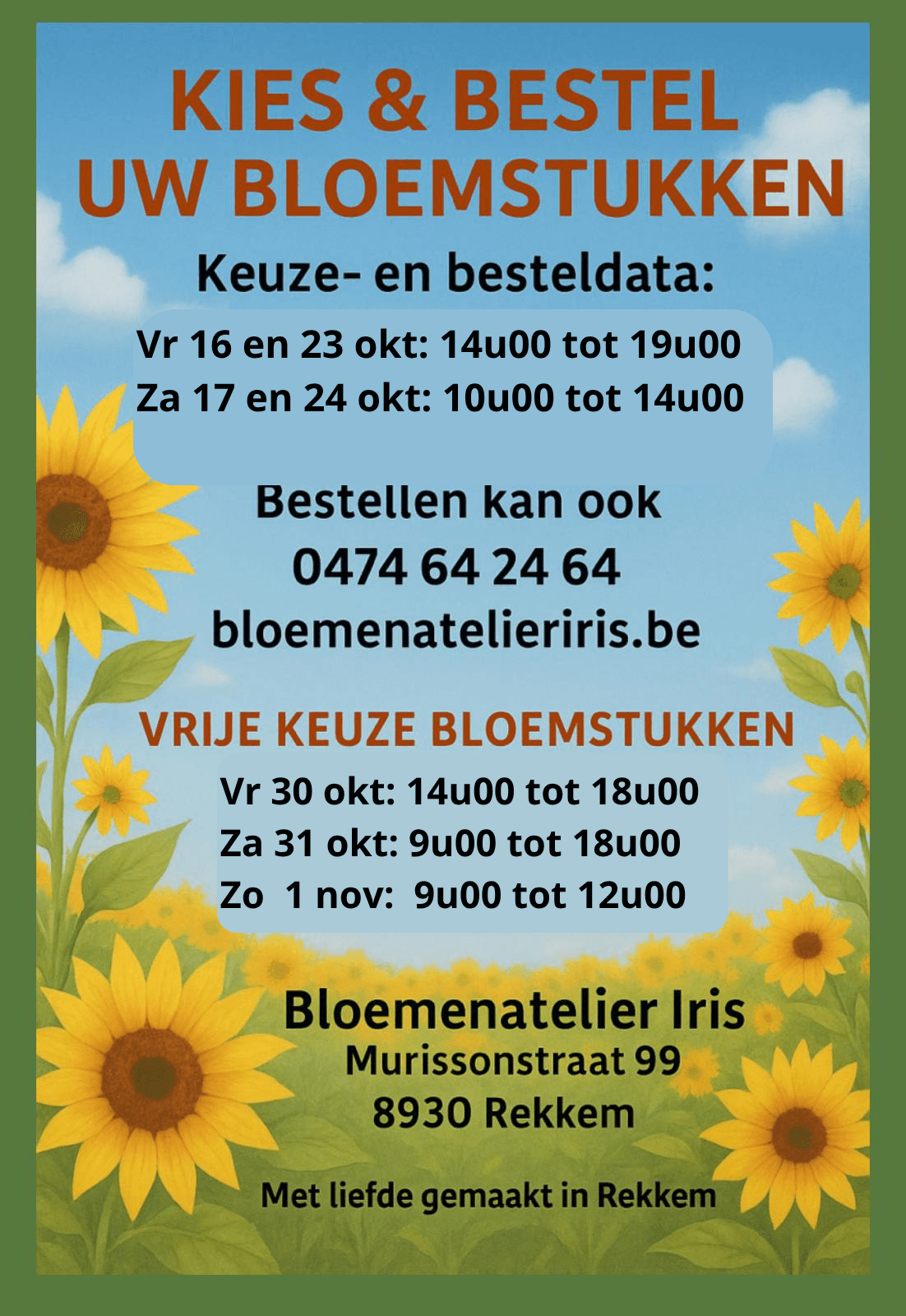 Kiezen: kies en bestel uw bloemstukken — keuze- en besteldagen en vrije keuze voor Allerheiligen 2026 bij Bloemenatelier Iris